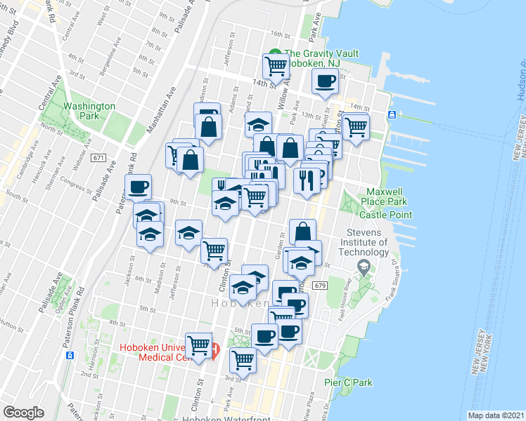 map of restaurants, bars, coffee shops, grocery stores, and more near 933 Willow Avenue in Hoboken