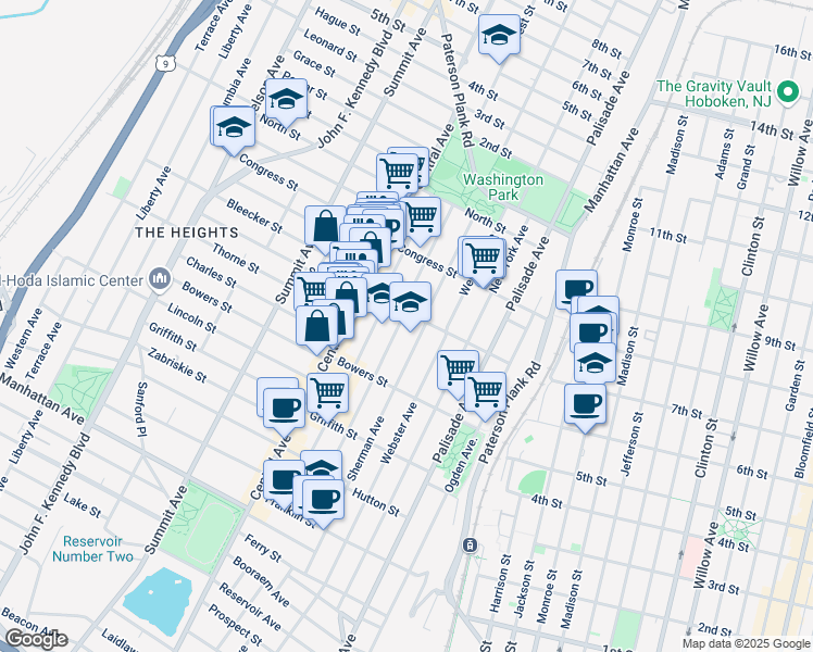 map of restaurants, bars, coffee shops, grocery stores, and more near 96 South Street in Jersey City