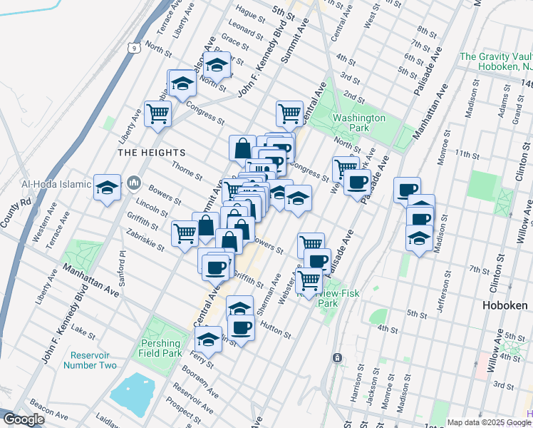 map of restaurants, bars, coffee shops, grocery stores, and more near 419 Central Avenue in Jersey City