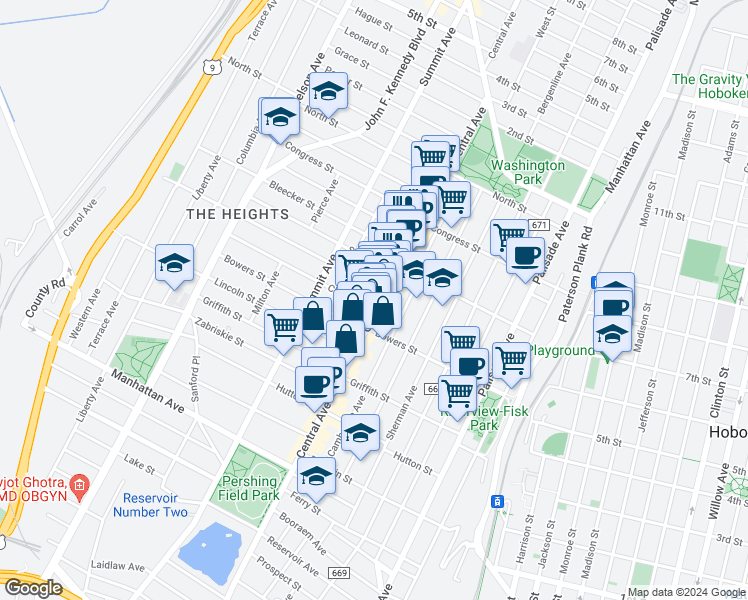 map of restaurants, bars, coffee shops, grocery stores, and more near 419 Central Avenue in Jersey City