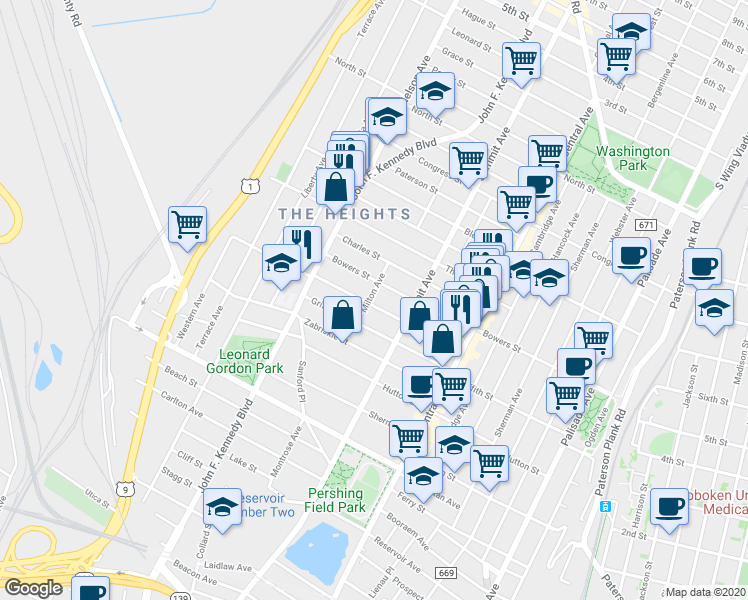 map of restaurants, bars, coffee shops, grocery stores, and more near 210A Bowers Street in Jersey City