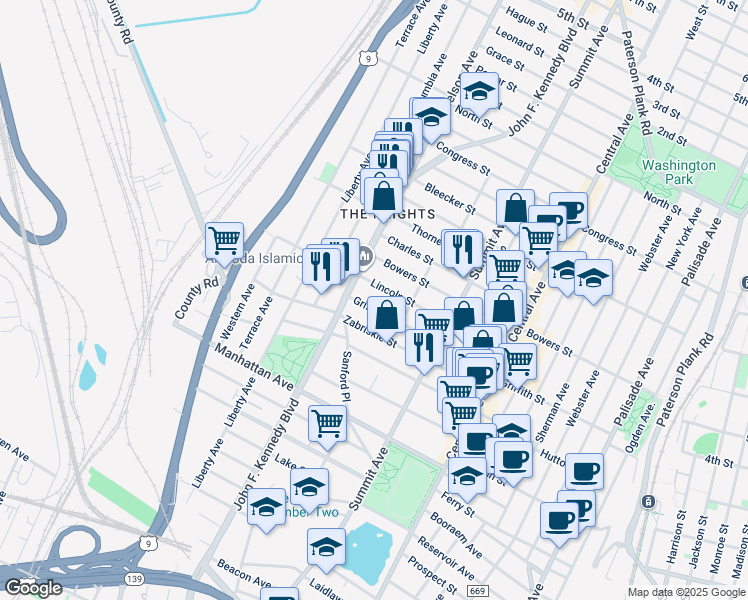 map of restaurants, bars, coffee shops, grocery stores, and more near 3418 John F. Kennedy Boulevard in Jersey City