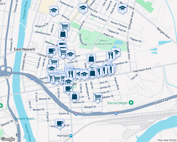 map of restaurants, bars, coffee shops, grocery stores, and more near 604 William Street in Harrison