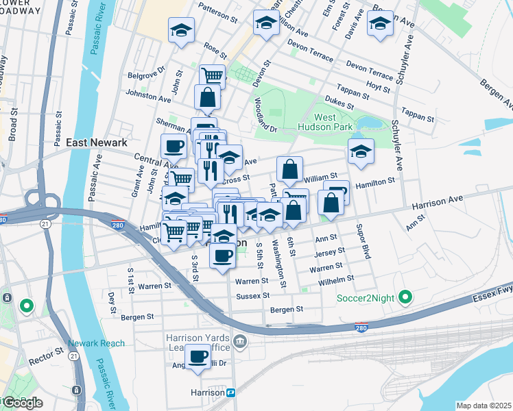map of restaurants, bars, coffee shops, grocery stores, and more near 513 William Street in Harrison