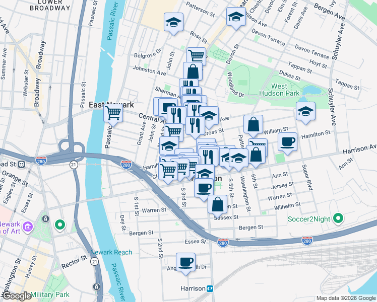 map of restaurants, bars, coffee shops, grocery stores, and more near 308 Frank E Rodgers Boulevard North in Harrison