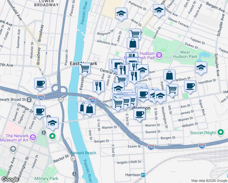 map of restaurants, bars, coffee shops, grocery stores, and more near 319 North 2nd Street in Harrison