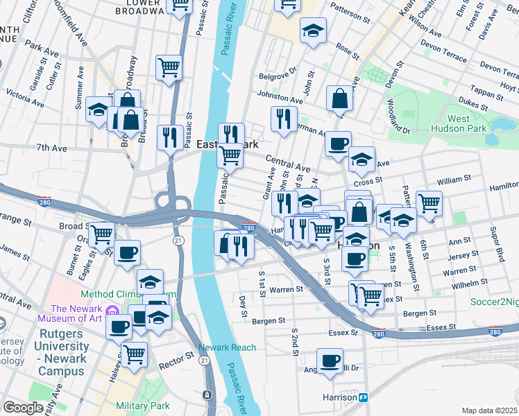 map of restaurants, bars, coffee shops, grocery stores, and more near in East Newark