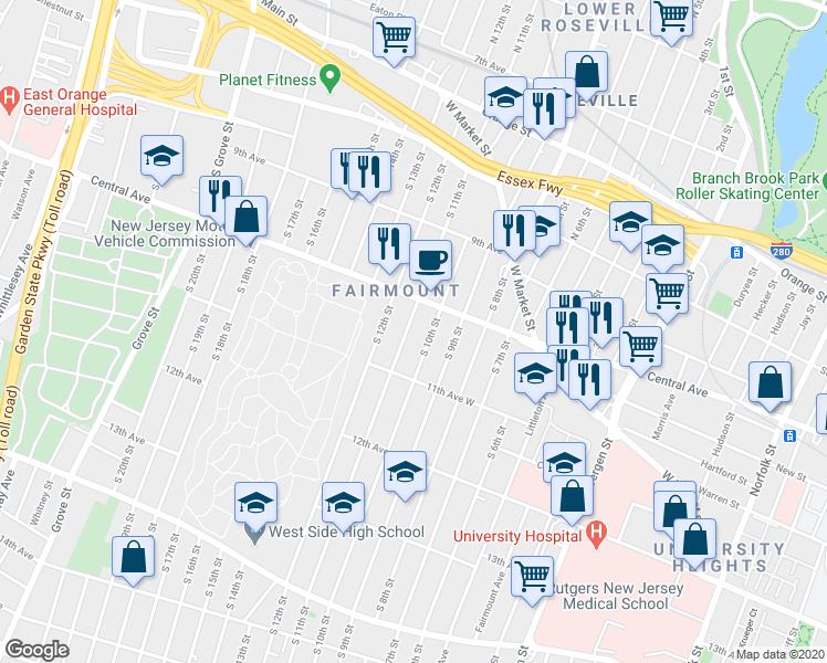 map of restaurants, bars, coffee shops, grocery stores, and more near 556 Central Avenue in Newark