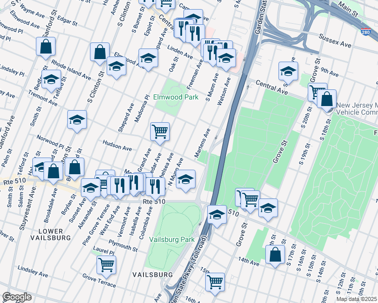 map of restaurants, bars, coffee shops, grocery stores, and more near 121 North Munn Avenue in Newark