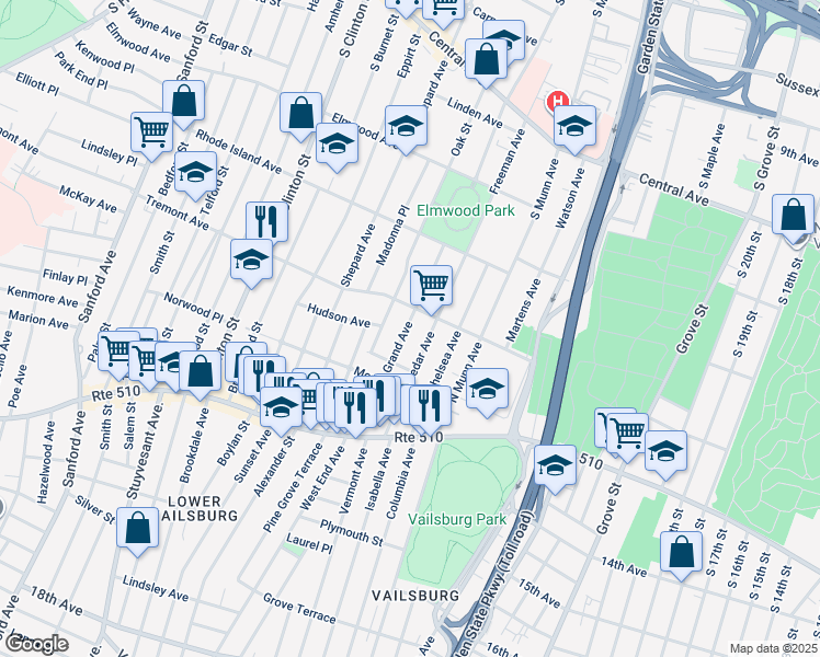 map of restaurants, bars, coffee shops, grocery stores, and more near 8 Tremont Avenue in East Orange