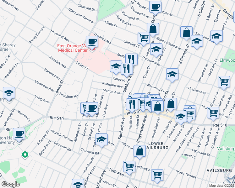 map of restaurants, bars, coffee shops, grocery stores, and more near 379 Sanford Avenue in Newark