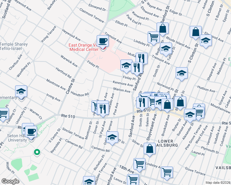 map of restaurants, bars, coffee shops, grocery stores, and more near 69 Marion Avenue in Newark