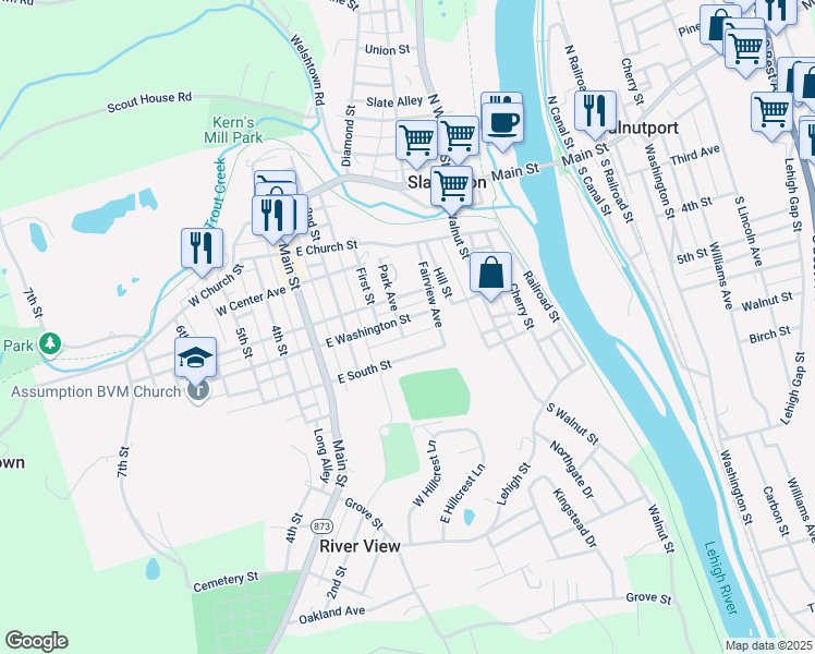 map of restaurants, bars, coffee shops, grocery stores, and more near 420 East Franklin Street in Slatington