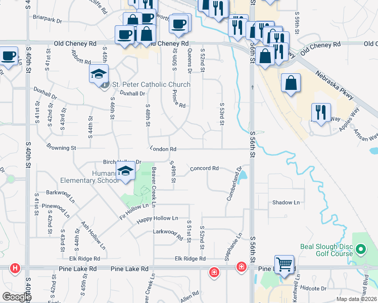 map of restaurants, bars, coffee shops, grocery stores, and more near 5100 London Road in Lincoln