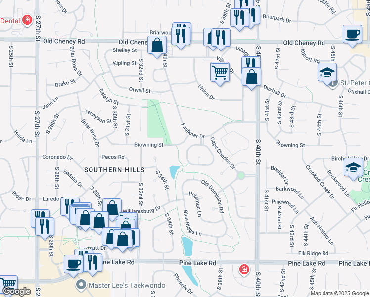 map of restaurants, bars, coffee shops, grocery stores, and more near 3450 Cape Charles Road West in Lincoln