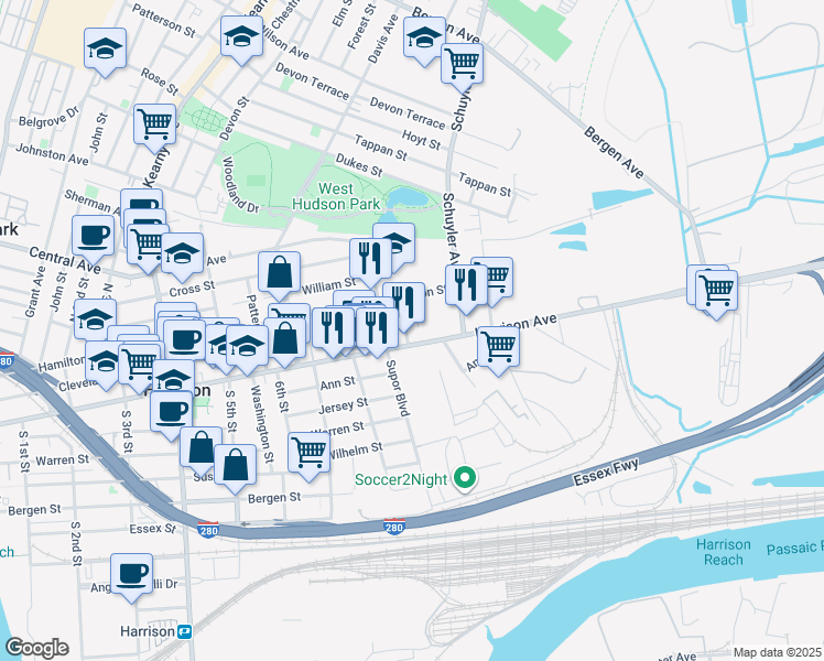 map of restaurants, bars, coffee shops, grocery stores, and more near 1 Franklin Avenue in Harrison