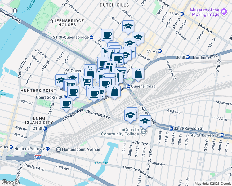 map of restaurants, bars, coffee shops, grocery stores, and more near 42-0 Orchard Street in Queens