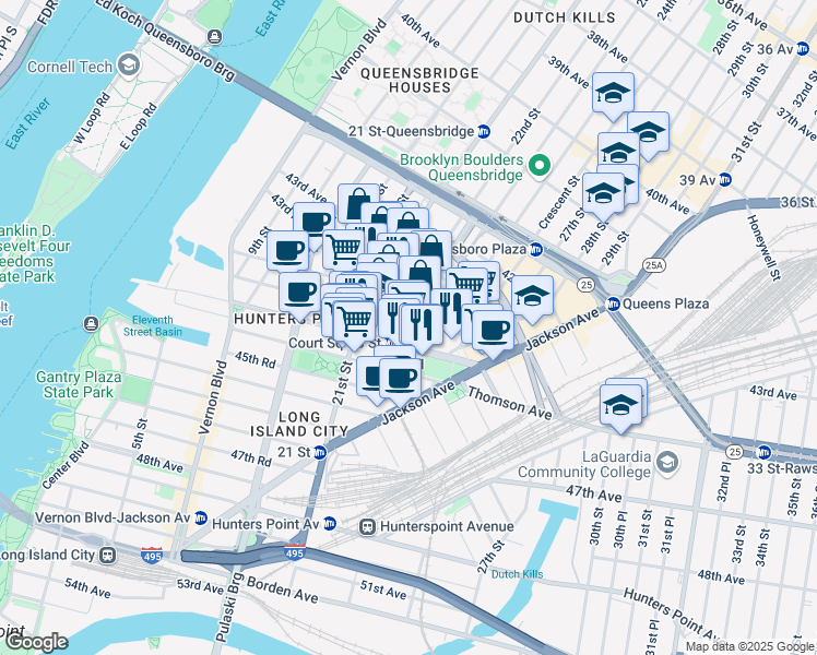 map of restaurants, bars, coffee shops, grocery stores, and more near 24-01 44th Road in Queens