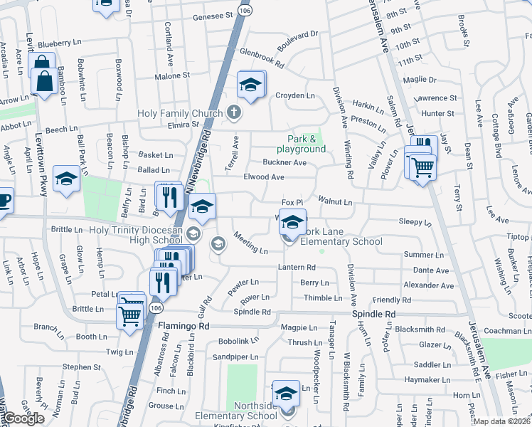 map of restaurants, bars, coffee shops, grocery stores, and more near 8 Mill Road in Hicksville