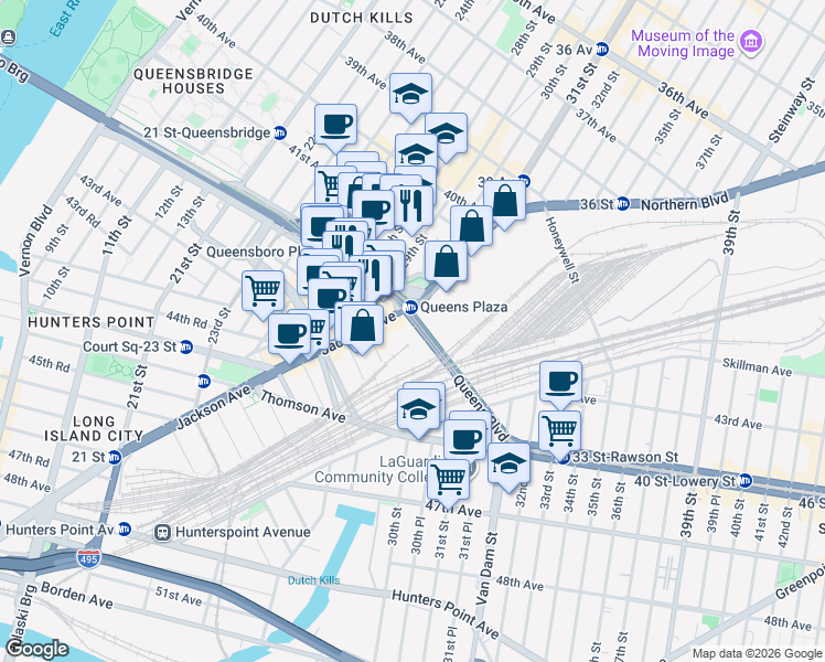 map of restaurants, bars, coffee shops, grocery stores, and more near 2840 Jackson Avenue in Queens