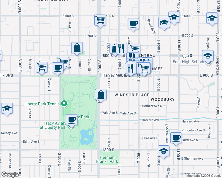 map of restaurants, bars, coffee shops, grocery stores, and more near 957 South Lake Street in Salt Lake City