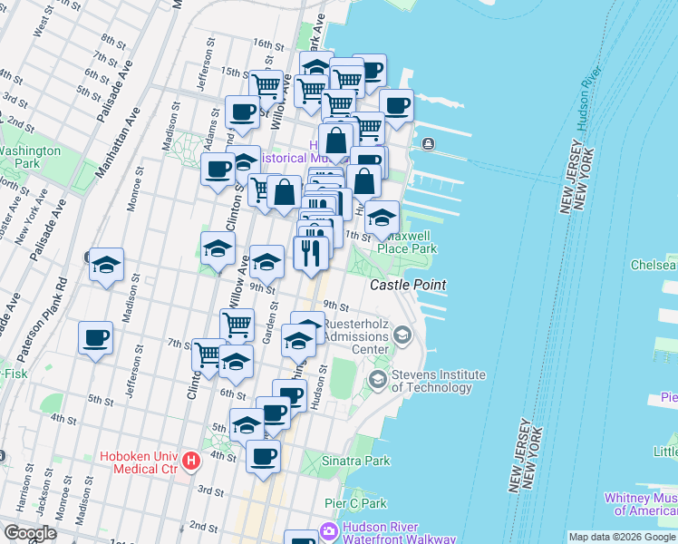 map of restaurants, bars, coffee shops, grocery stores, and more near 1014 Hudson Street in Hoboken