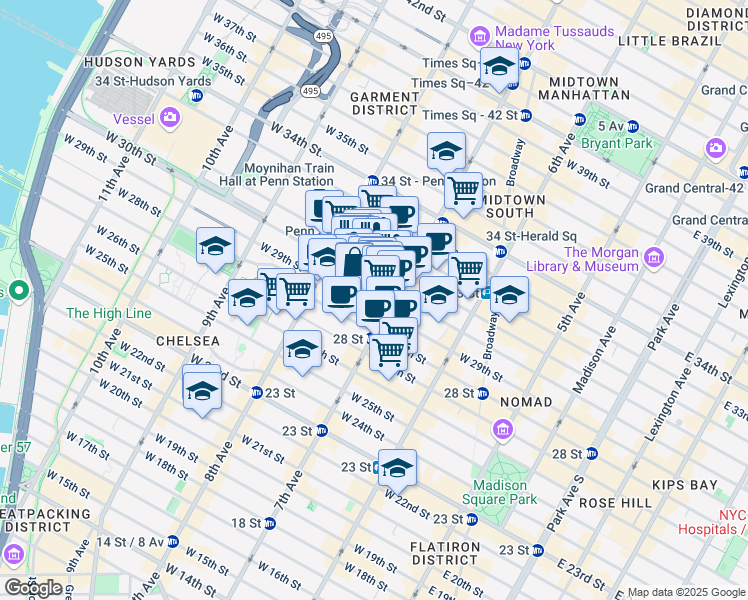map of restaurants, bars, coffee shops, grocery stores, and more near 222w West 30th Street in New York