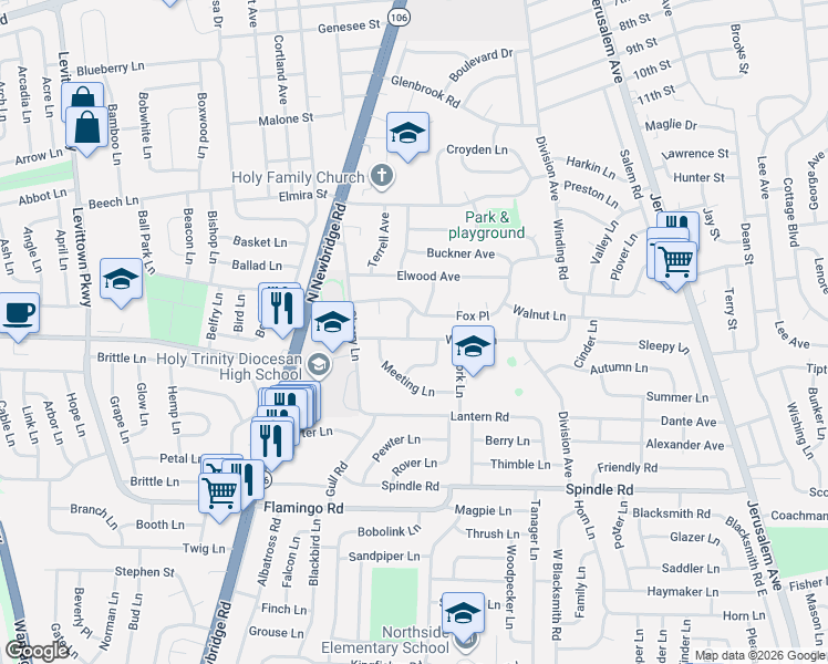 map of restaurants, bars, coffee shops, grocery stores, and more near 8 Mill Road in Hicksville