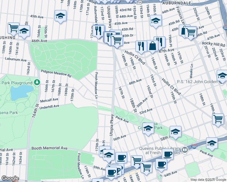 map of restaurants, bars, coffee shops, grocery stores, and more near 47-54 Utopia Parkway in Queens