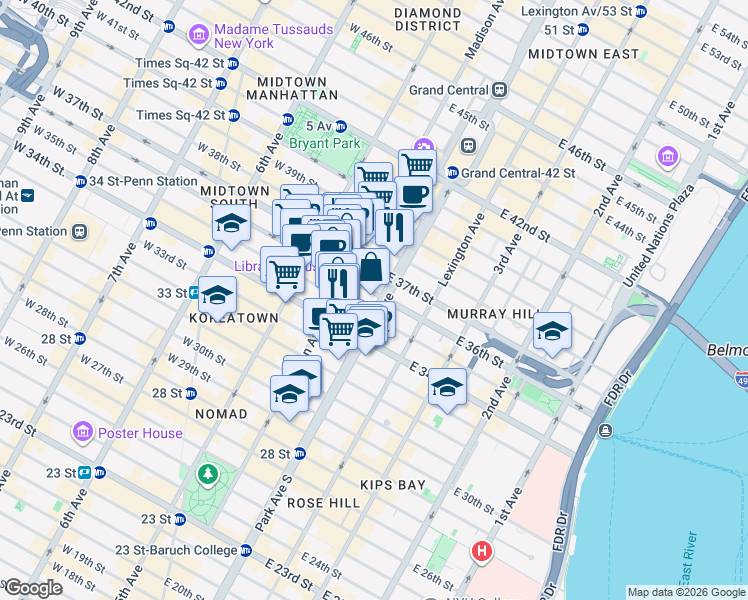 map of restaurants, bars, coffee shops, grocery stores, and more near 30 Park Avenue in New York