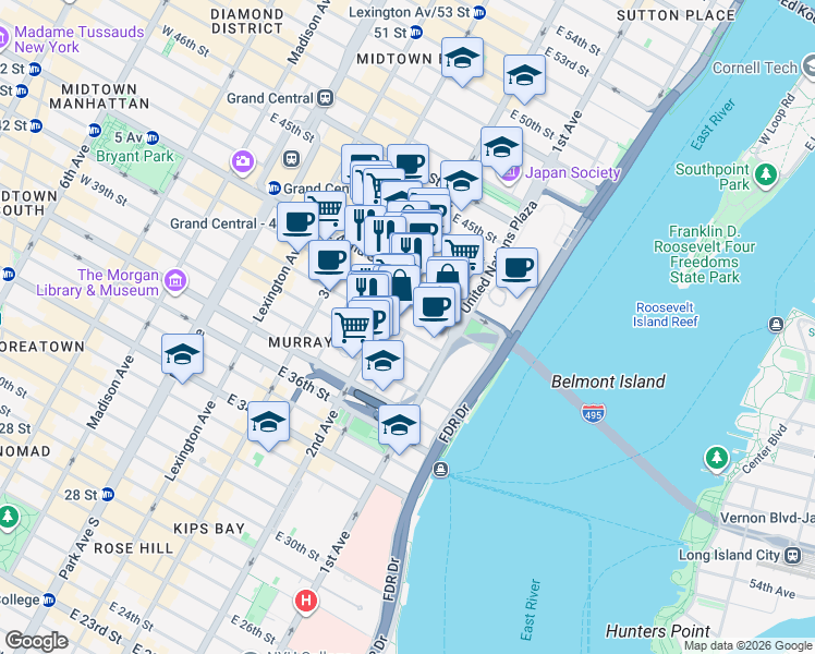 map of restaurants, bars, coffee shops, grocery stores, and more near 305 East 40th Street in New York
