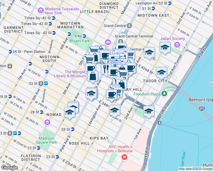 map of restaurants, bars, coffee shops, grocery stores, and more near 105 East 37th Street in New York