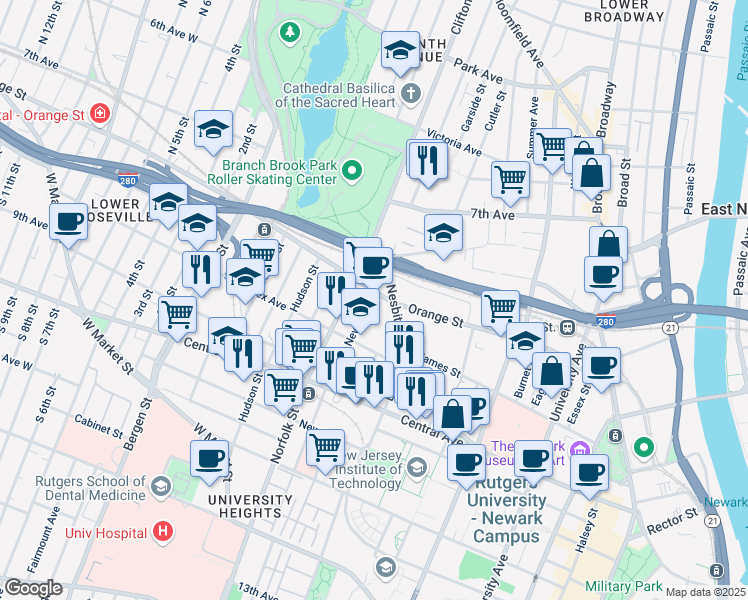 map of restaurants, bars, coffee shops, grocery stores, and more near 3 Clifton Avenue in Newark