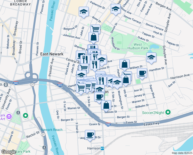 map of restaurants, bars, coffee shops, grocery stores, and more near 308 Frank E Rodgers Boulevard North in Harrison