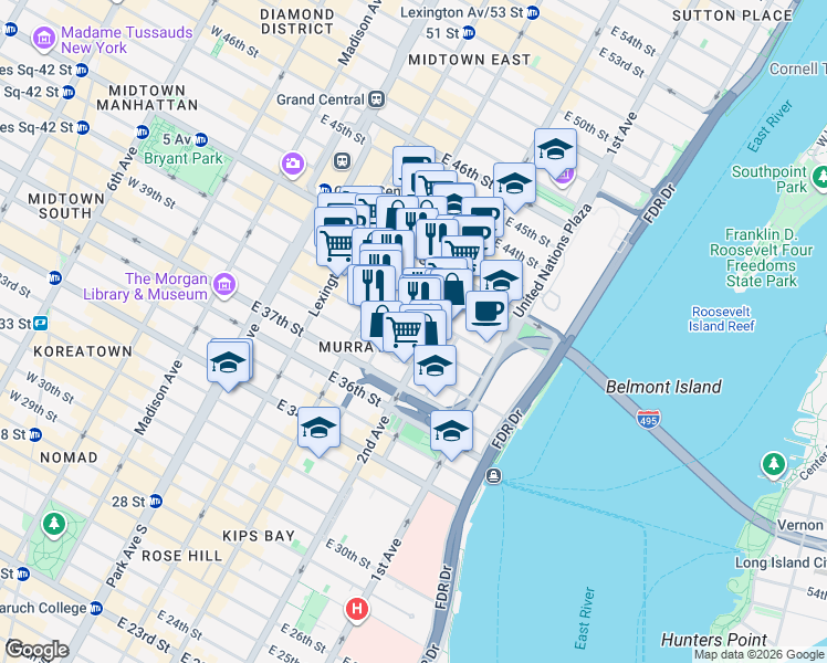 map of restaurants, bars, coffee shops, grocery stores, and more near 247 East 39th Street in New York