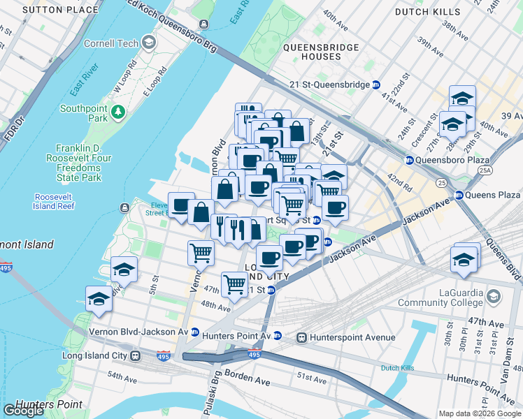 map of restaurants, bars, coffee shops, grocery stores, and more near 1009 44th Road in Queens