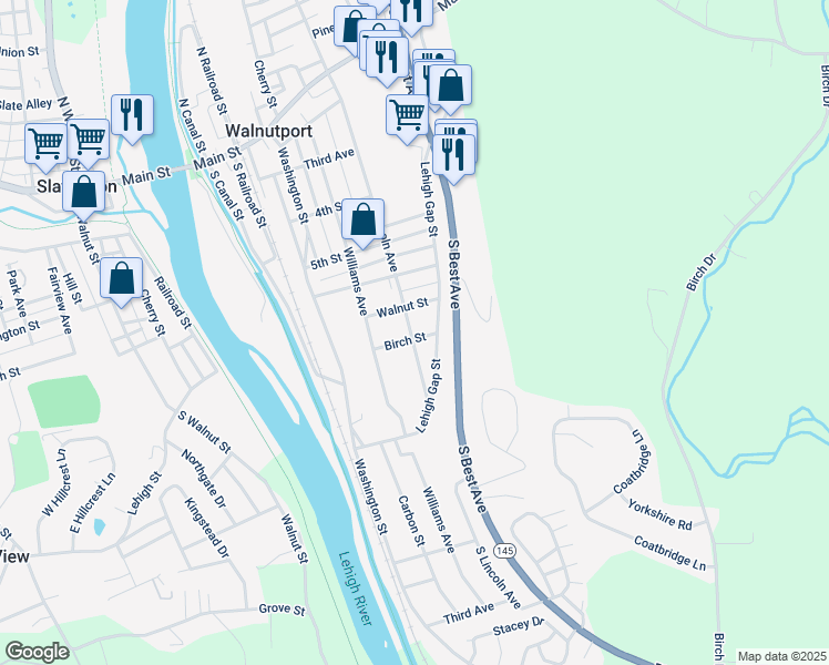 map of restaurants, bars, coffee shops, grocery stores, and more near 641 South Lincoln Avenue in Walnutport