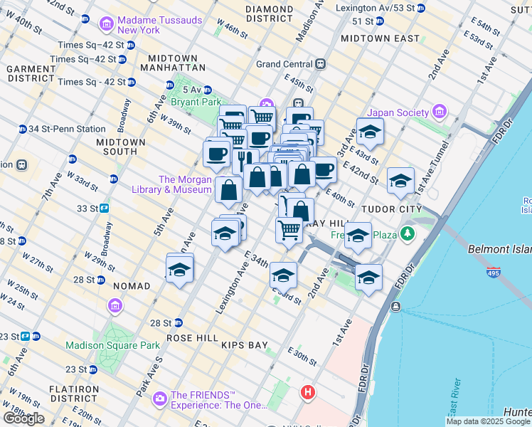 map of restaurants, bars, coffee shops, grocery stores, and more near 124 East 37th Street in New York