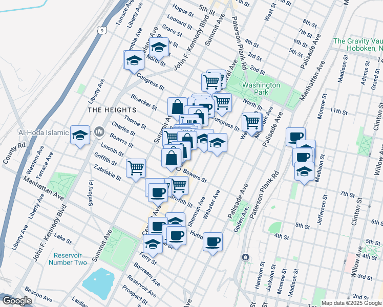 map of restaurants, bars, coffee shops, grocery stores, and more near 419 Central Avenue in Jersey City