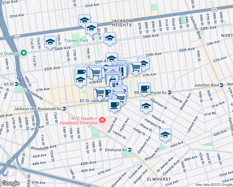 map of restaurants, bars, coffee shops, grocery stores, and more near 3703 82nd Street in Queens