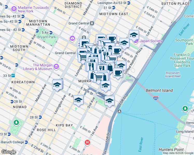 map of restaurants, bars, coffee shops, grocery stores, and more near 156 East 37th Street in New York