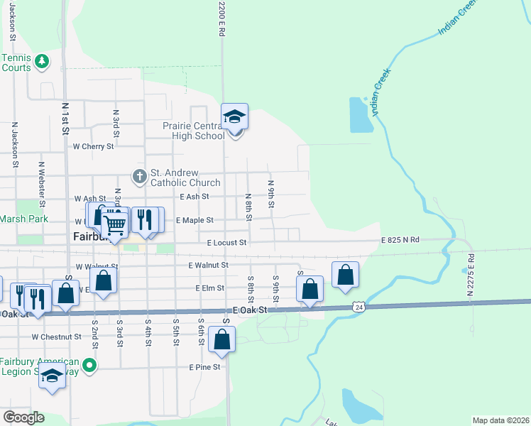 map of restaurants, bars, coffee shops, grocery stores, and more near 210 North 9th Street in Fairbury