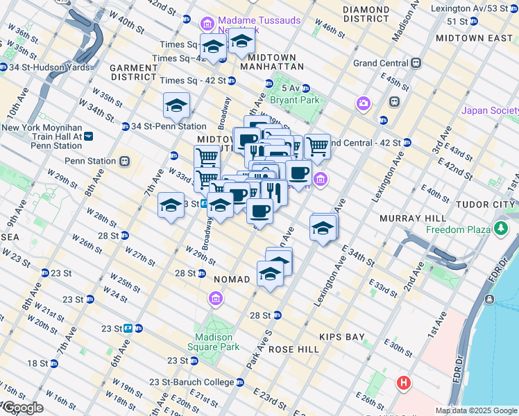 map of restaurants, bars, coffee shops, grocery stores, and more near 350 5th Avenue in New York