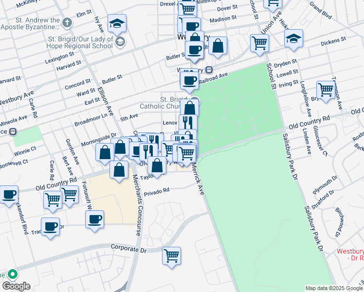map of restaurants, bars, coffee shops, grocery stores, and more near 66 Bedford Avenue in Westbury