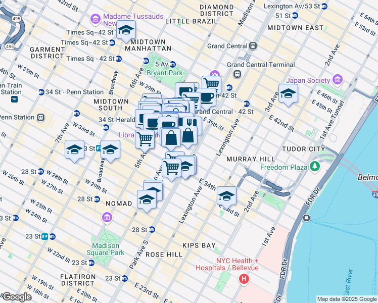 map of restaurants, bars, coffee shops, grocery stores, and more near 219 Madison Avenue in New York