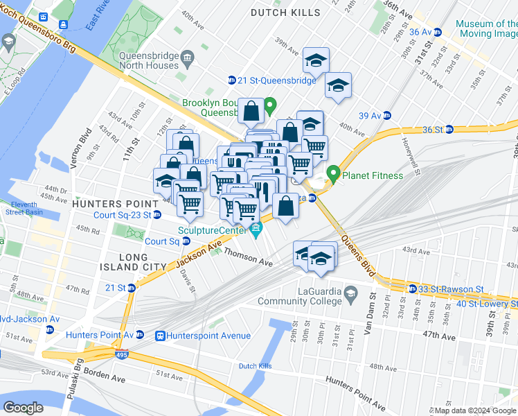map of restaurants, bars, coffee shops, grocery stores, and more near 42-81 Hunter Street in Queens