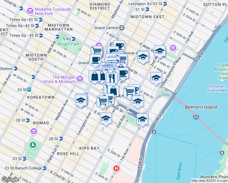 map of restaurants, bars, coffee shops, grocery stores, and more near East 38th Street in New York