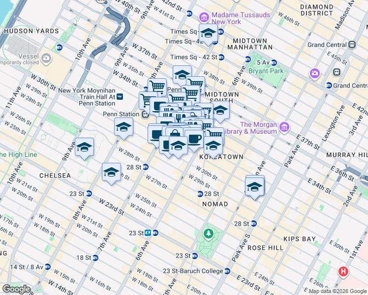 map of restaurants, bars, coffee shops, grocery stores, and more near 119 West 31st Street in New York