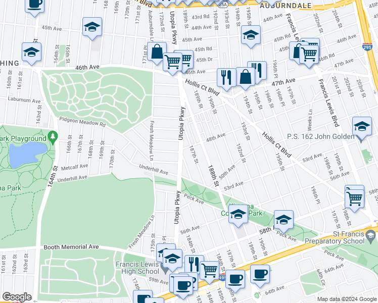 map of restaurants, bars, coffee shops, grocery stores, and more near 48-06 187th Street in Queens