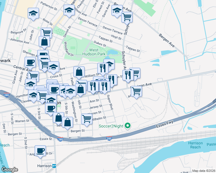 map of restaurants, bars, coffee shops, grocery stores, and more near 801 Hamilton Street in Harrison
